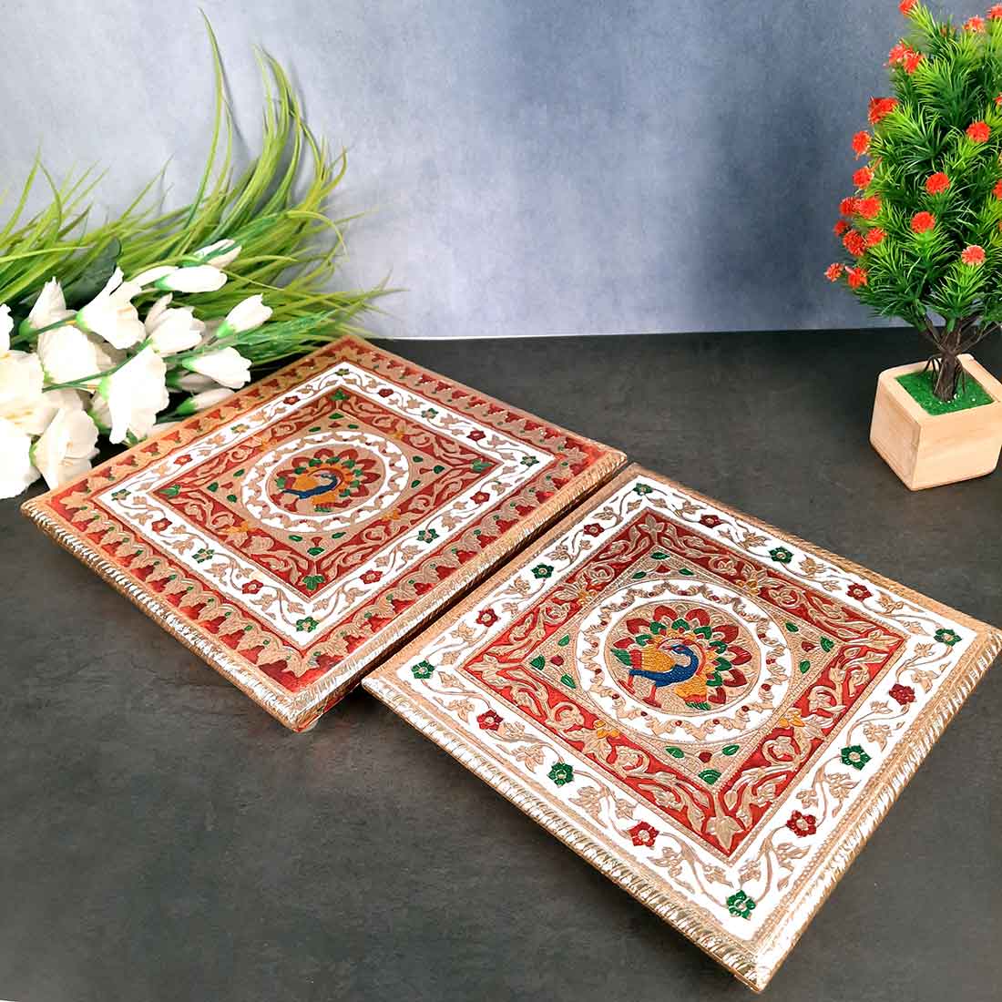 Wooden Pooja Bajot - Minakari Chauki Set - For Pooja, Weddings & Festivals -Set of 2 (10 Inch & 12 Inch) - ApkaMart #Style_Design 2