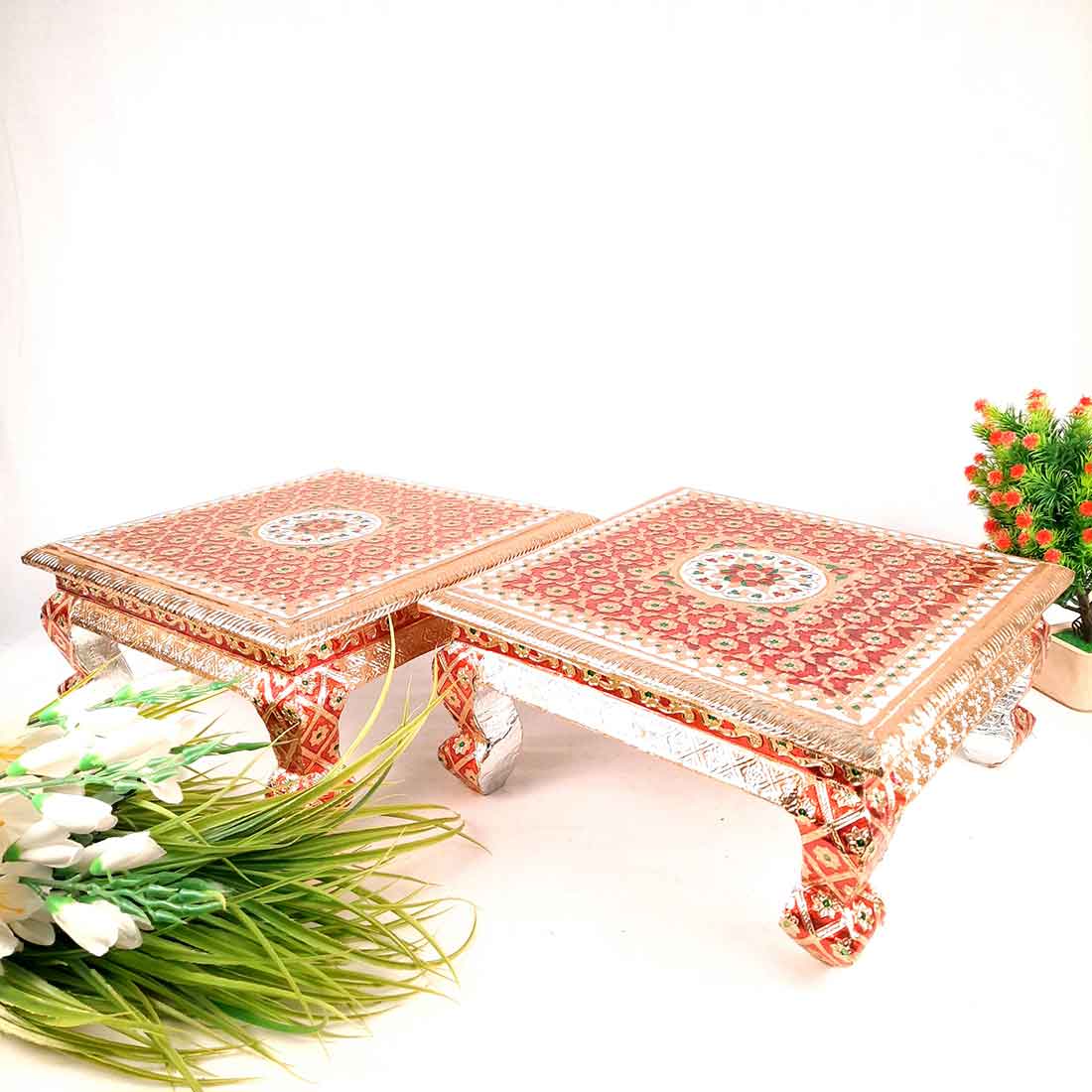 Pooja Chowki Bajot | Wooden Minakari Chowki - For Pooja, Festivals & Home Décor - Apkamart #Style_Pack of 2