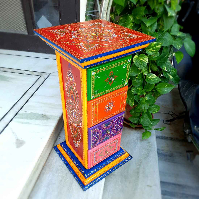 Corner Pillar 4 Drawer Rack  - For Living Room & Interiors Decor - 23 Inch - ApkaMart