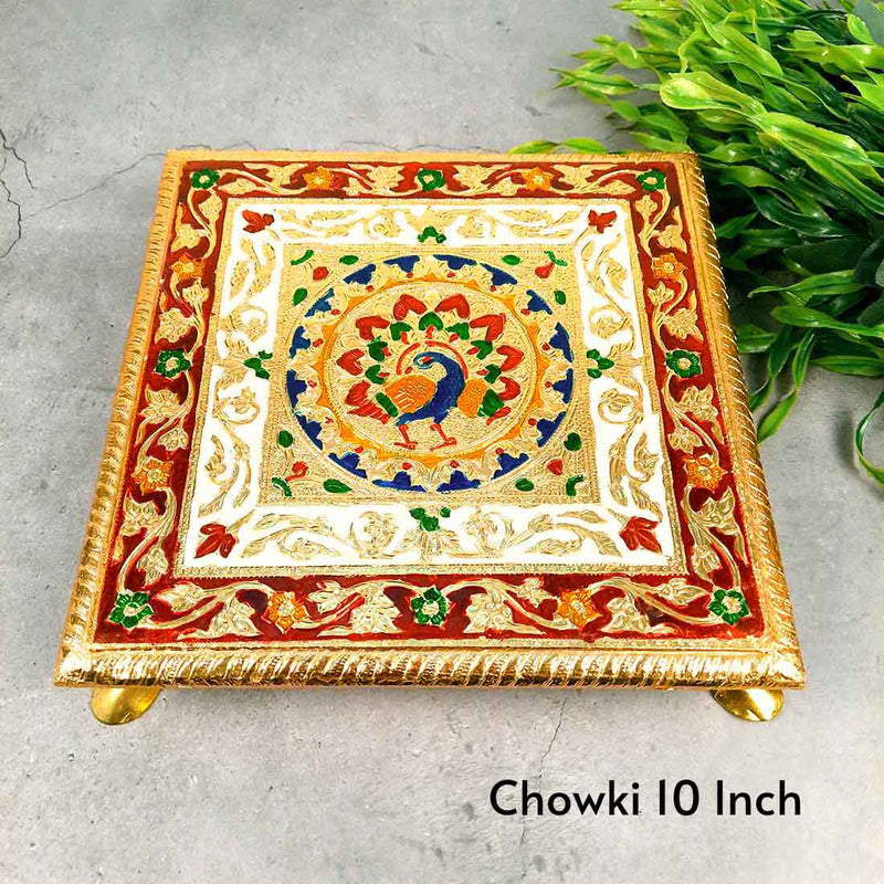 Wooden Pooja Bajot - Minakari Chauki Set - For Pooja, Weddings & Festivals -Set of 2 (10 Inch & 12 Inch) - ApkaMart