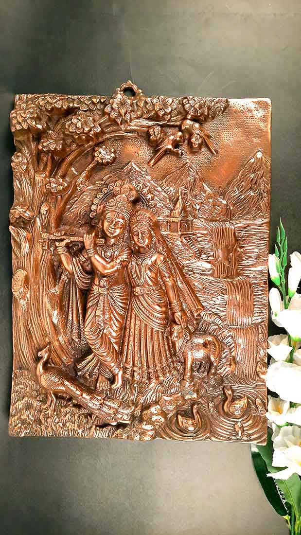 Radha Krishna Idol Wall Hanging Art | Radhe Krishna Playing Flute With Cow And Peacock Wall Statue Murti | Wedding Gift for Couples | Religious Gift - for Home, Living Room, Office, Puja , Entrance Decoration- 22 Inch