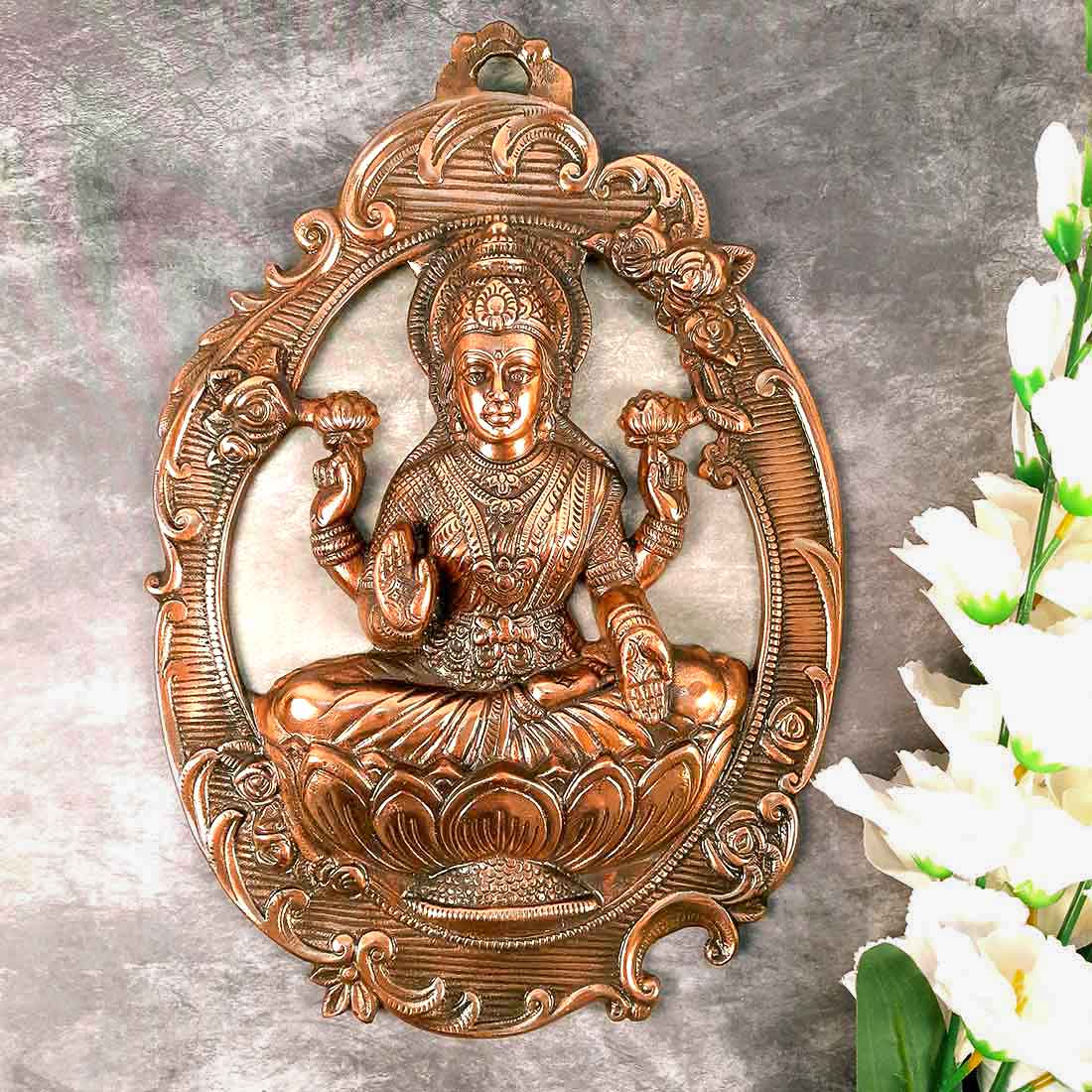 Lakshmi Wall Hanging Statue - Sitting on Lotus / Kamal | Goddess Laxmi Wall Art - for Home, Diwali Puja, Living Room & Office | Antique Wall Idol for Religious & Spiritual Decor  - 16 Inch
