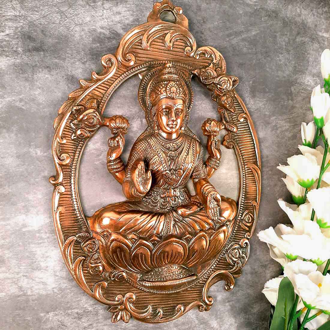 Lakshmi Wall Hanging Statue - Sitting on Lotus / Kamal | Goddess Laxmi Wall Art - for Home, Diwali Puja, Living Room & Office | Antique Wall Idol for Religious & Spiritual Decor  - 16 Inch