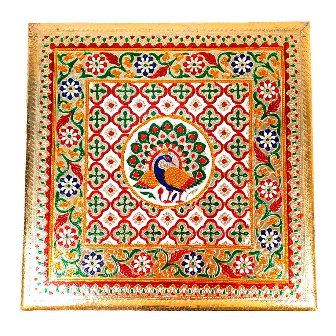 Minakari Pooja Chowki Bajot - Peacock Design - For Diwali pooja & Festive Decor - 16 Inch - ApkaMart
