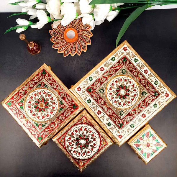 Puja Chowki - Set of 4 - Set of 4, 6, 8, 10 Inch Bajot - ApkaMart #Style_Design 1