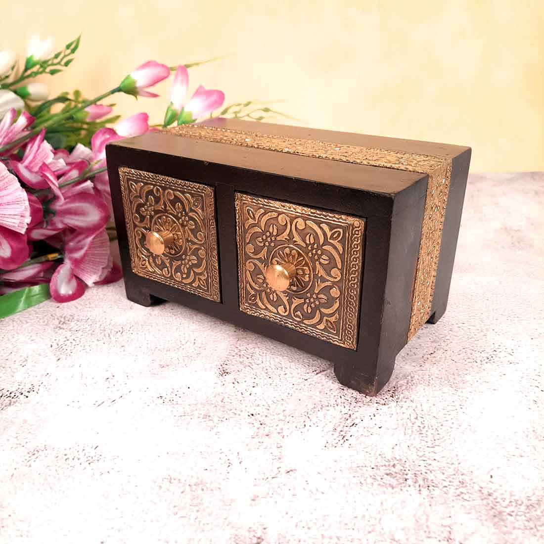 Jewelry Box Antique | Brass Jewellery Box - For Wedding & Anniversary Gift | Organizer for Rings, Necklace, Earrings, Makeup, Dressing Table Decor & Gifts - 7 Inch