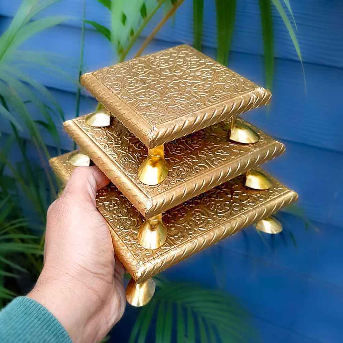 Brass Embellished Pooja Chowki - For Pooja, Weddings & Festivals - 4, 5 & 6 inch - Set of 3