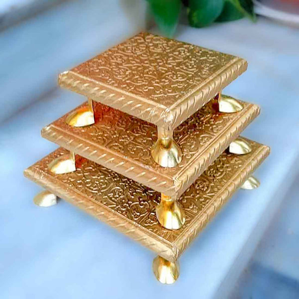 Brass Embellished Pooja Chowki - For Pooja, Weddings & Festivals - 4, 5 & 6 inch - Set of 3