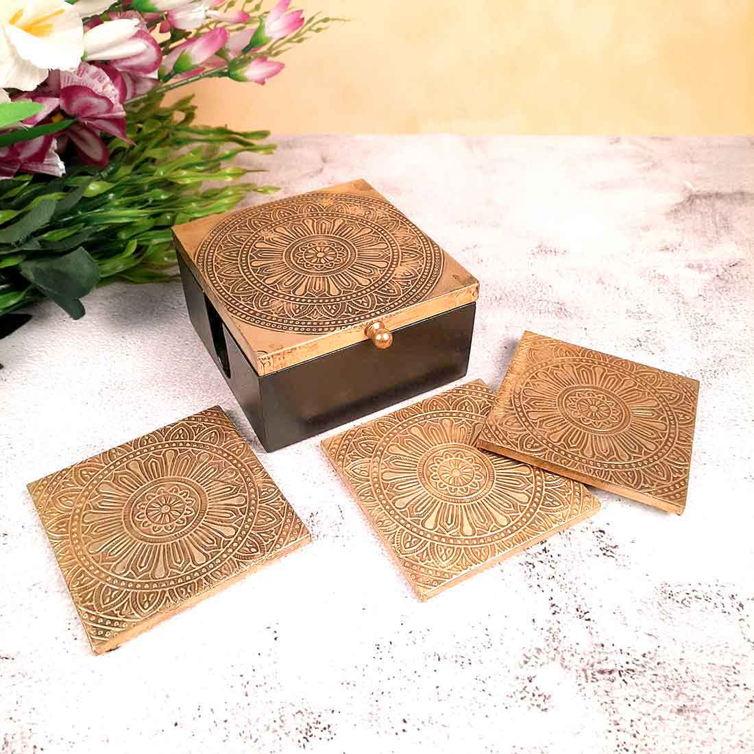 Tea Coasters | Brass Coffee Coaster Set With Box | Heat Pad | Dining Table Decor - For Kitchen, Bar, Tables, Hot Pots, Cups, Mugs - 5 Inch (Set of 6) - Apkamart