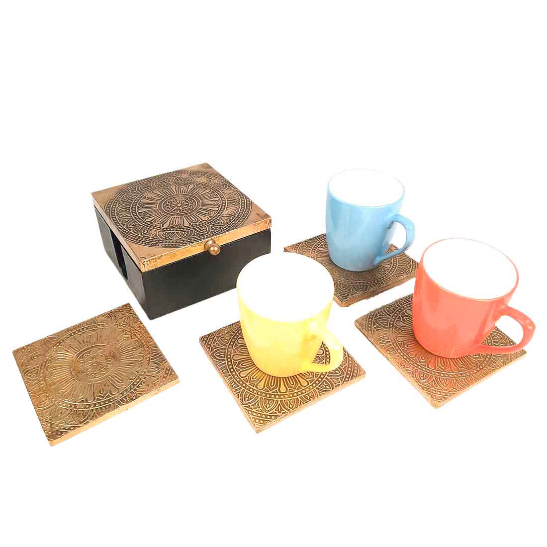 Tea Coasters | Brass Coffee Coaster Set With Box | Heat Pad | Dining Table Decor - For Kitchen, Bar, Tables, Hot Pots, Cups, Mugs - 5 Inch (Set of 6) - Apkamart