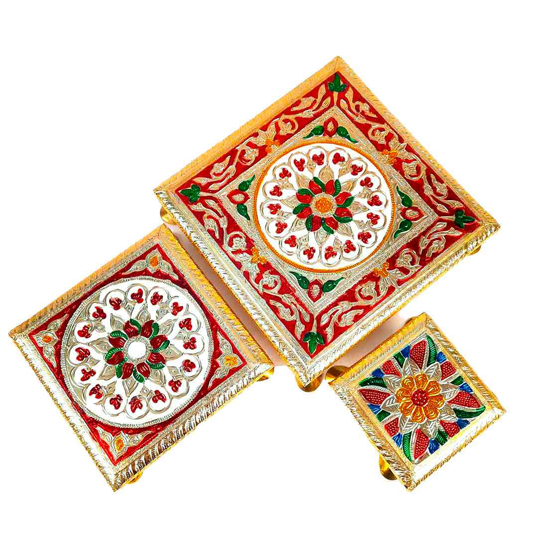 Puja Chowki - 4,6,8 Inch - Set of 3 For Pooja, Wedding & Festive Decor - ApkaMart #Style_Design 1