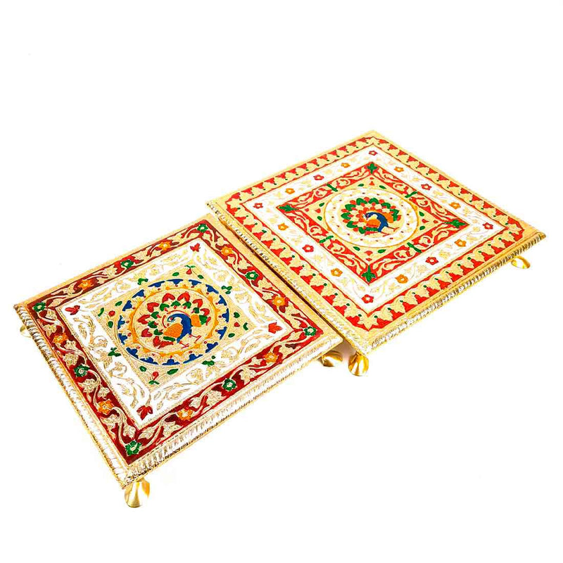 Wooden Pooja Bajot - Minakari Chauki Set - For Pooja, Weddings & Festivals -Set of 2 (10 Inch & 12 Inch) - ApkaMart