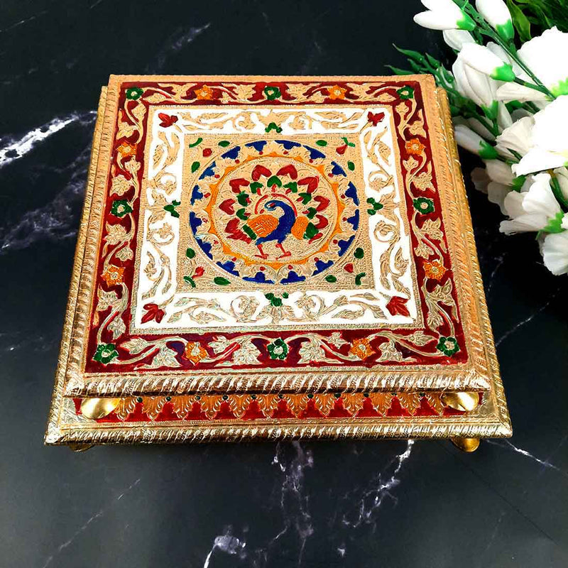 Wooden Pooja Bajot - Minakari Chauki Set - For Pooja, Weddings & Festivals -Set of 2 (10 Inch & 12 Inch) - ApkaMart