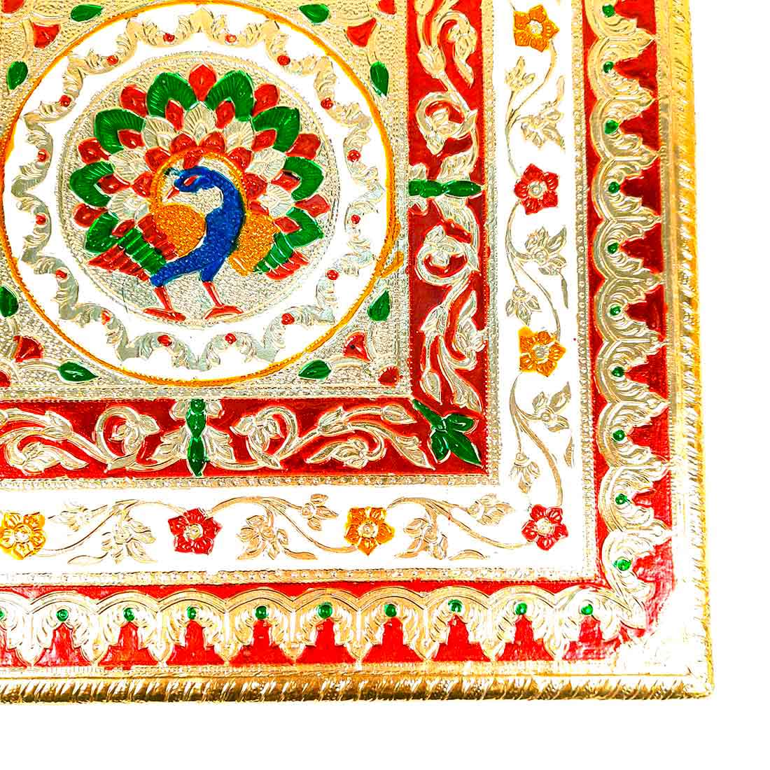 Minakari Chowki Bajot - Peacock Design - For Pooja & Mandir Decoration - 12 Inch - ApkaMart #Style_Design 1