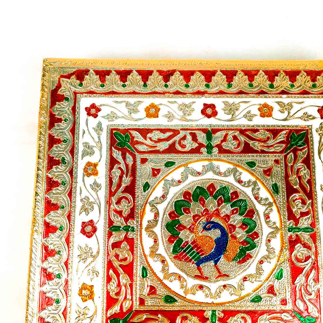 Minakari Chowki Bajot - Peacock Design - For Pooja & Mandir Decoration - 12 Inch - ApkaMart #Style_Design 1