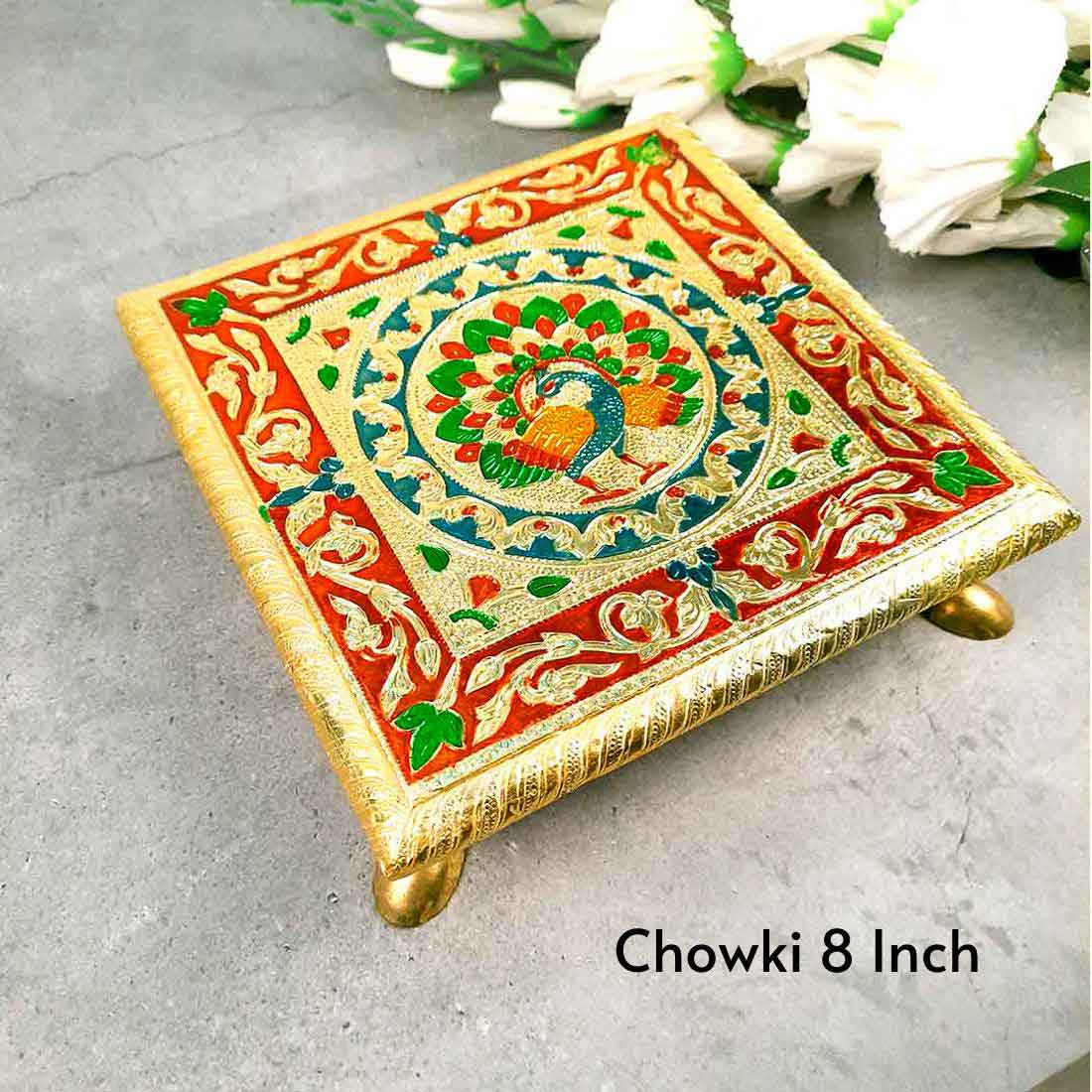 Pooja Chowki Bajot - Peacock Design - For For Pooja, Weddings & Festivals - Set of 3 - ApkaMart #Style_Design 1