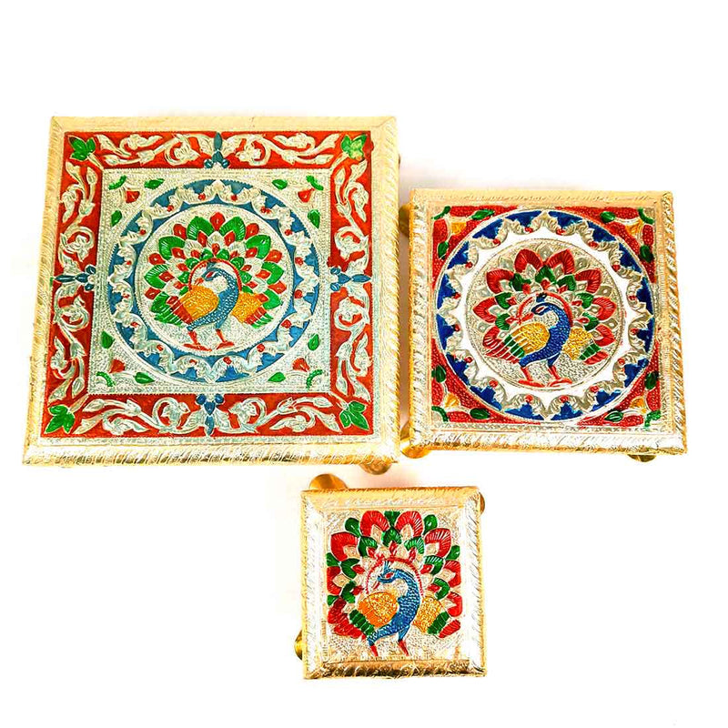 Pooja Chowki Bajot - Peacock Design - For For Pooja, Weddings & Festivals - Set of 3 - ApkaMart