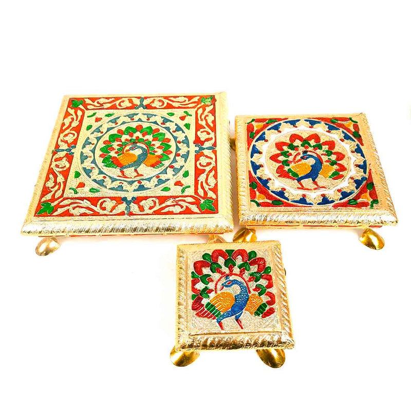 Pooja Chowki Bajot - Peacock Design - For For Pooja, Weddings & Festivals - Set of 3 - ApkaMart