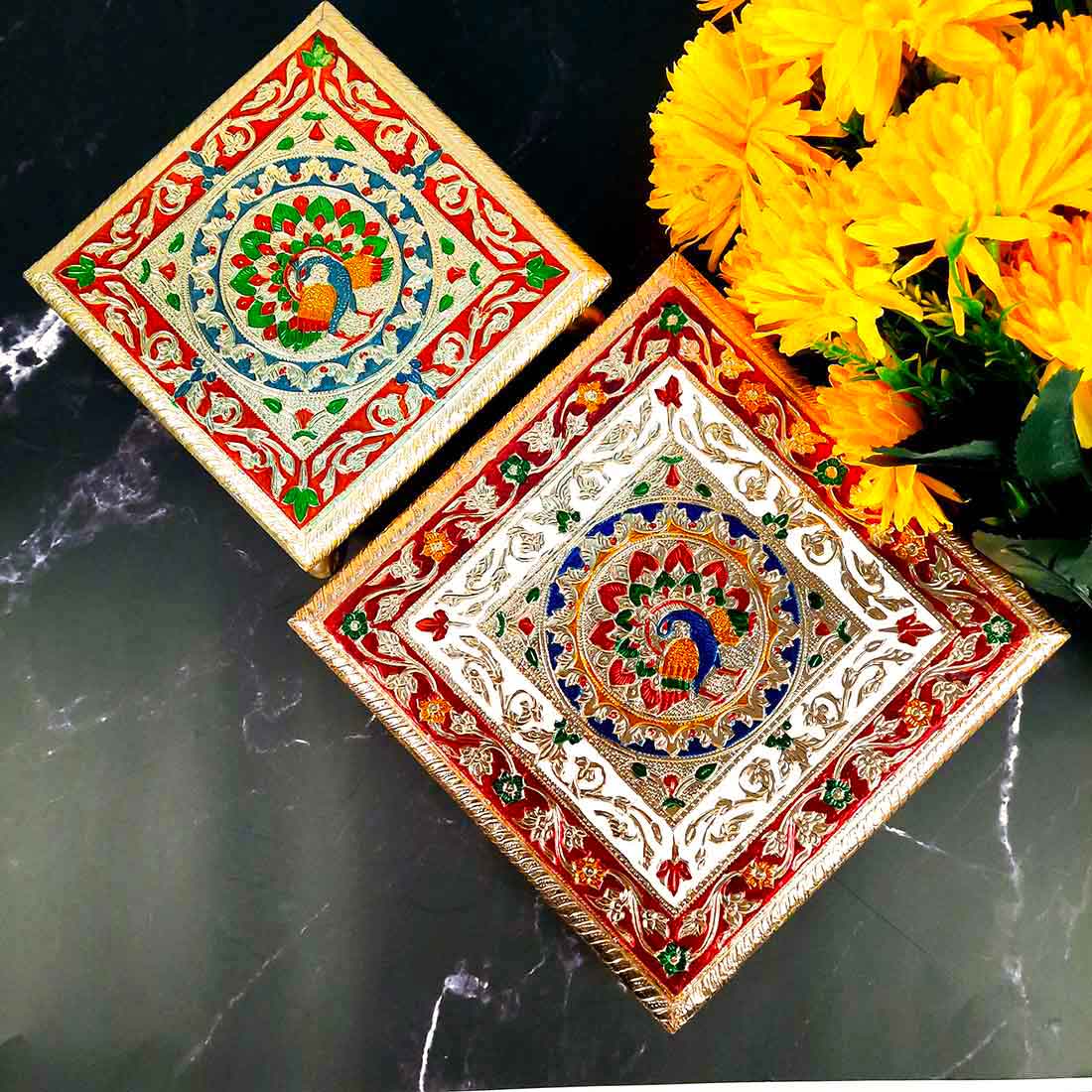 Puja Choki | Minakari Chowki Set | Decorative Bajot - For Pooja & Festivals - Set of 2 (8 Inch , 10 Inch) - ApkaMart #Style_Design 1