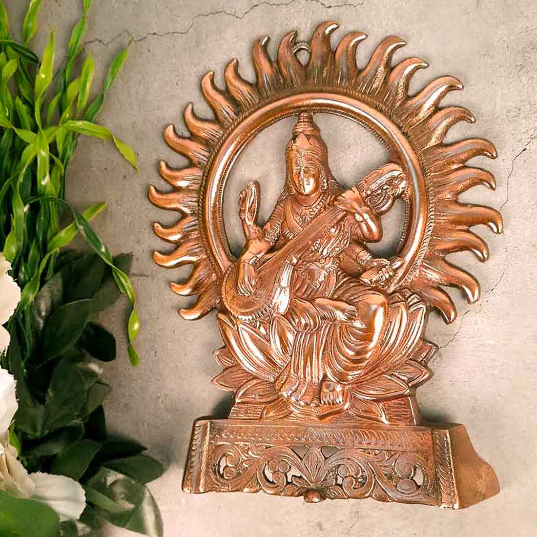 Saraswati Idol Wall Hanging | Goddess Sarasvati Playing Veena Wall Statue Small |Religoius & Spiritual Wall Art - For Puja, Home & Entrance, Living Room & Gift- 11 Inch