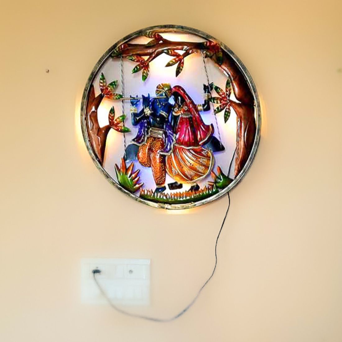 Radha Krishna Backlit Wall Hanging | Wall Mount Showpiece With LED Lights Metal - For Living Room, Bedroom, Hall, Entrance Decor | Housewarming & Wedding Gift - 22 Inch