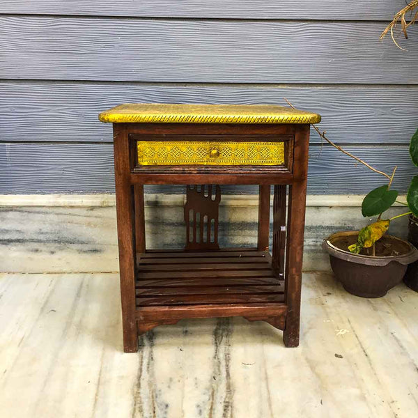 Bedside Table with Drawer - Brass Embellished | Side Table with Storage - for Bedroom & Living Room - ApkaMart