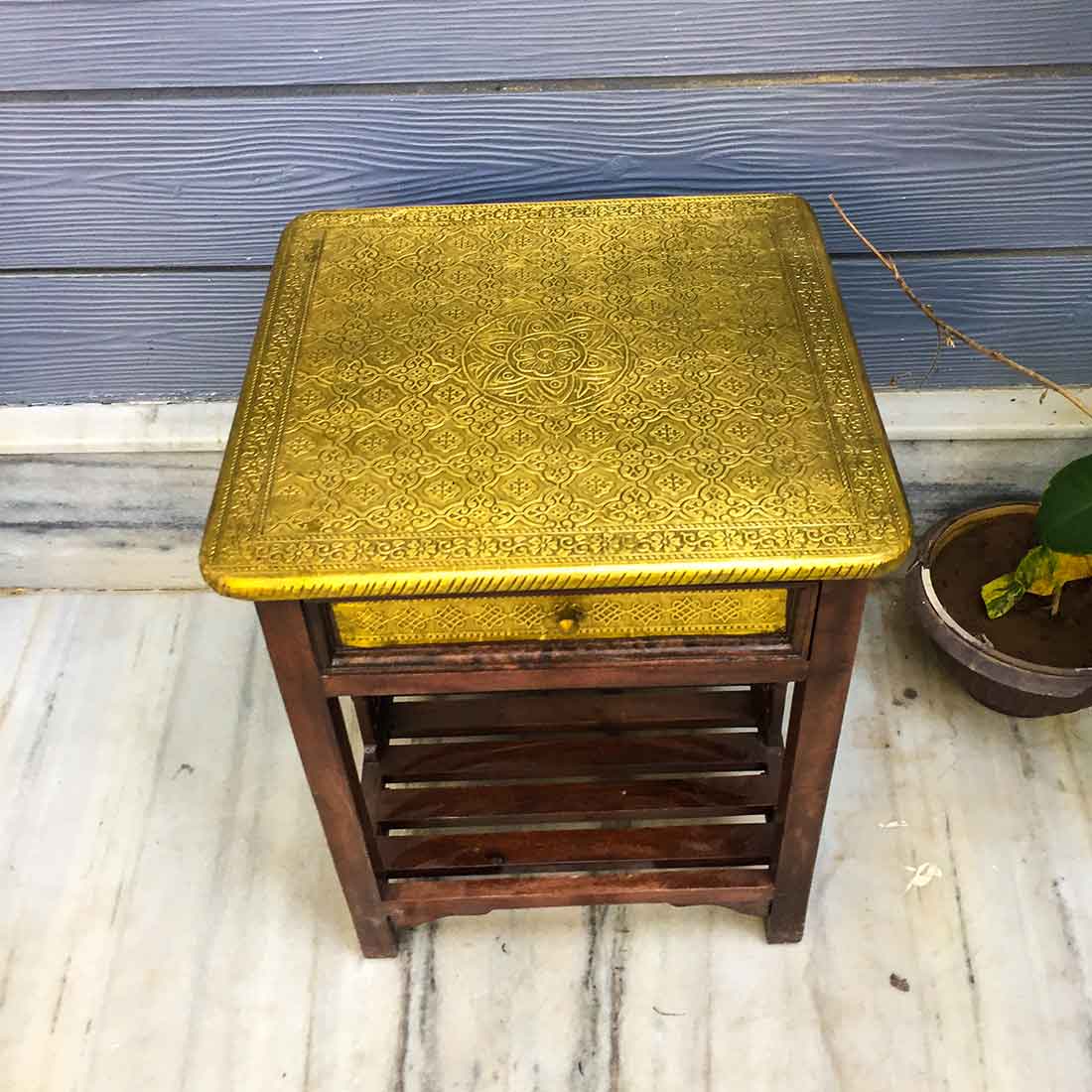 Bedside Table with Drawer - Brass Embellished | Side Table with Storage - for Bedroom & Living Room - ApkaMart