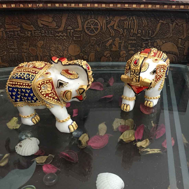 Marble Elephant Showpiece  - For Home, Living Room & Table Decor - 4 Inch - Set of 2 - ApkaMart