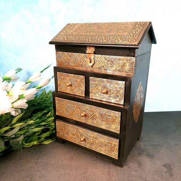Wooden Jewelry Box | Brass Jewellery Organizer | Jewellery Drawers - 13 Inch