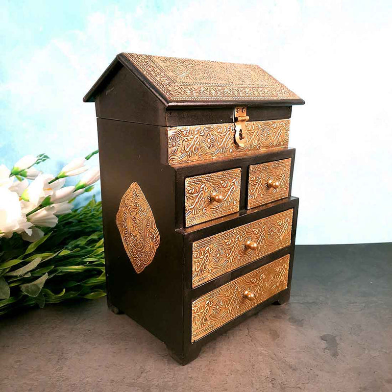 Vintage Jewelry Box Brass | Wooden Chest With 5 Drawers | Organizer for Rings, Necklace, Earrings, Makeup, Dressing Table Decor & Gifts - 13 Inch