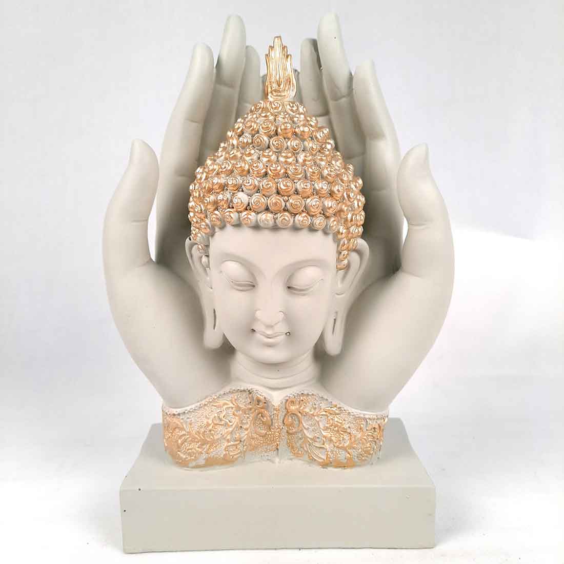 Buddha Head Showpiece - Palm Buddha Statue - 26 Inch #color_White