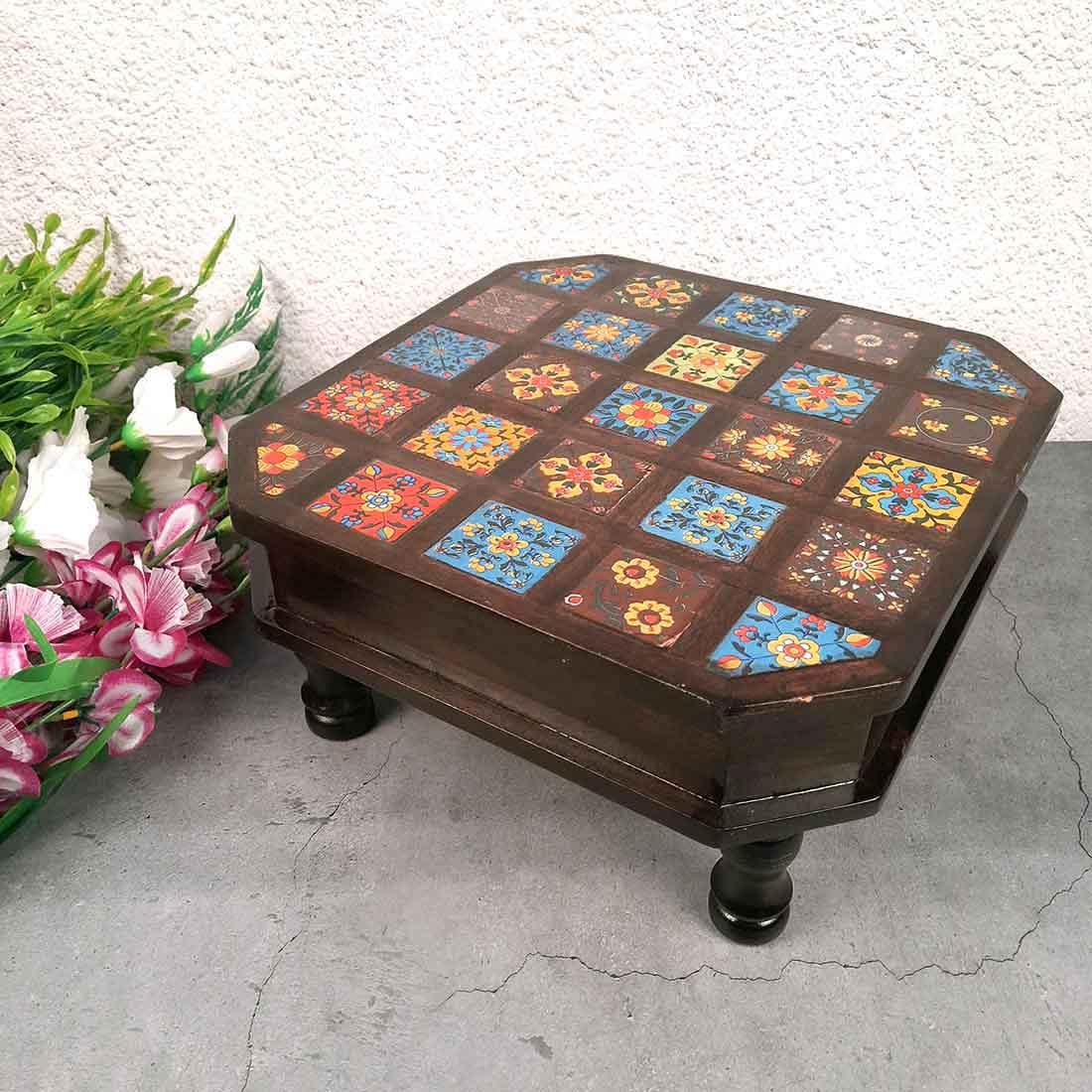 Patla Chowki with Ceramic Tiles - For Pooja, Sitting & Home Decor - 12 Inch