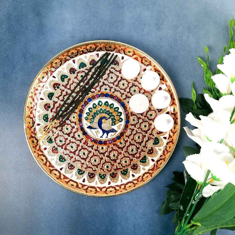 Meenakari Puja Thali - Shubh Labh Design - For For Pooja, Weddings & Festivals - 12 Inch