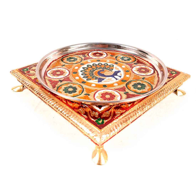 Pooja Chowki & Puja Thali Set -  Peacock Design - For Pooja, Weddings & Festivals - Pack of 2