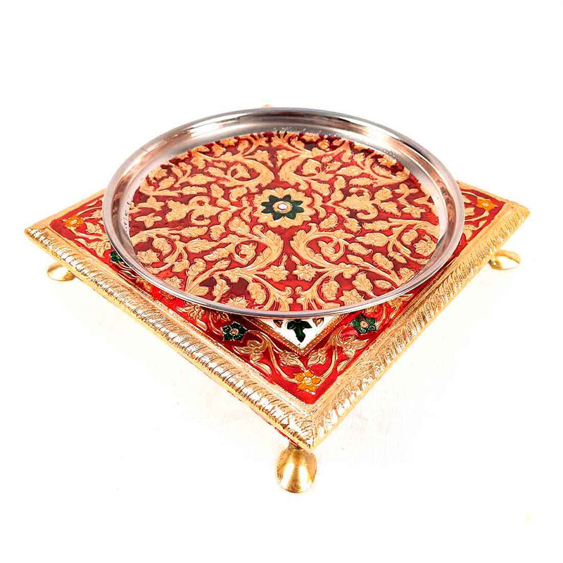 Pooja Chowki & Pooja Thali Set -Prayer Accessories -  For Pooja, Weddings & Festivals - Pack of 2