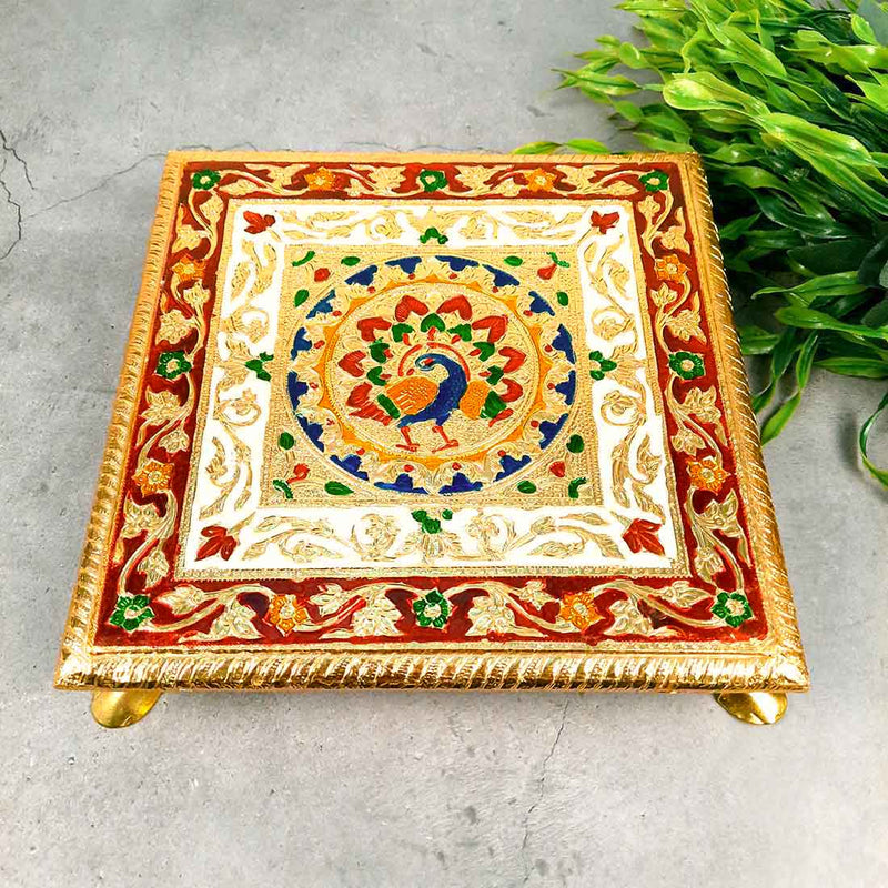 Pooja Chowki & Puja Thali Set -  Peacock Design - For Pooja, Weddings & Festivals - Pack of 2