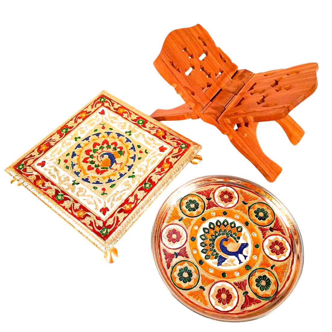 Pooja Chowki , Pooja Thali & Holy Book Holder Set - Prayer Accessories - For Pooja & Festivals - Pack of 3