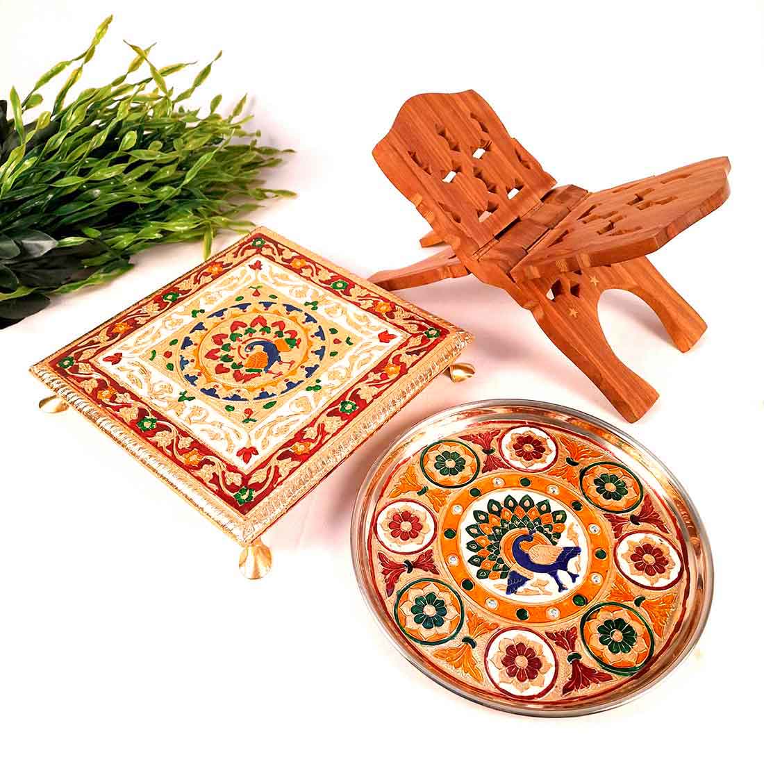 Pooja Chowki , Pooja Thali & Holy Book Holder Set - Prayer Accessories - For Pooja & Festivals - Pack of 3