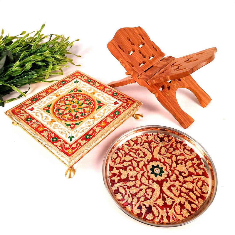 Pooja Chowki, Pooja Thali & Holy Book Holder Set -Prayer Accessories - For Rakhi, Diwali & Karwa Chauth - Pack of 3