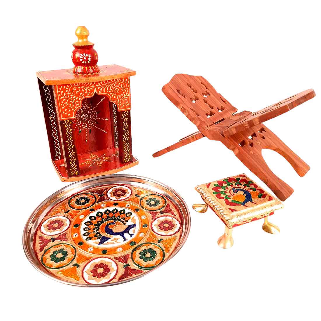 Pooja Temple, Puja Chowki, Pooja Plate & Book Holder Set - For Pooja, Weddings & Festivals -Pack of 4