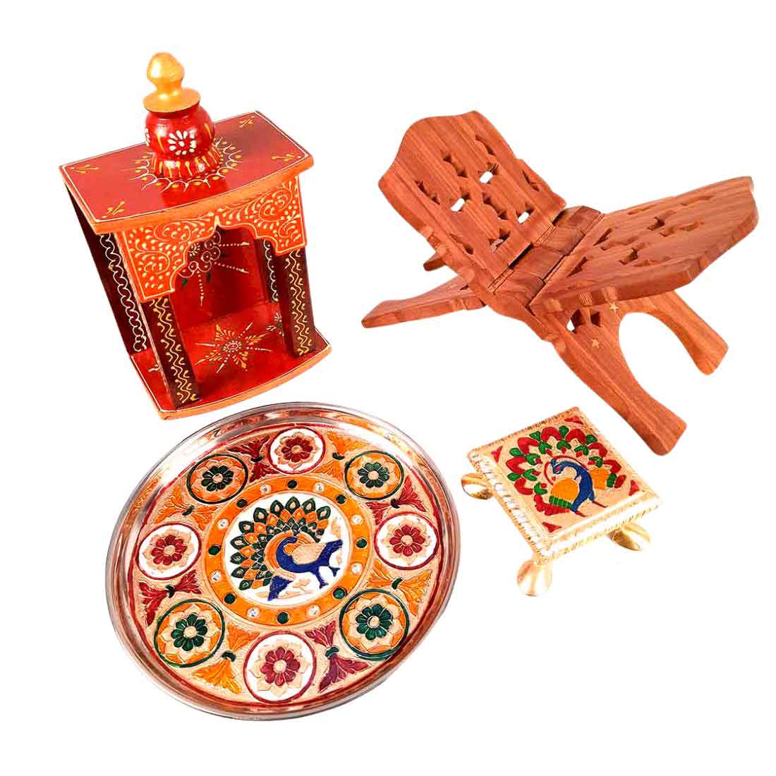 Pooja Temple, Puja Chowki, Pooja Plate & Book Holder Set - For Pooja, Weddings & Festivals -Pack of 4