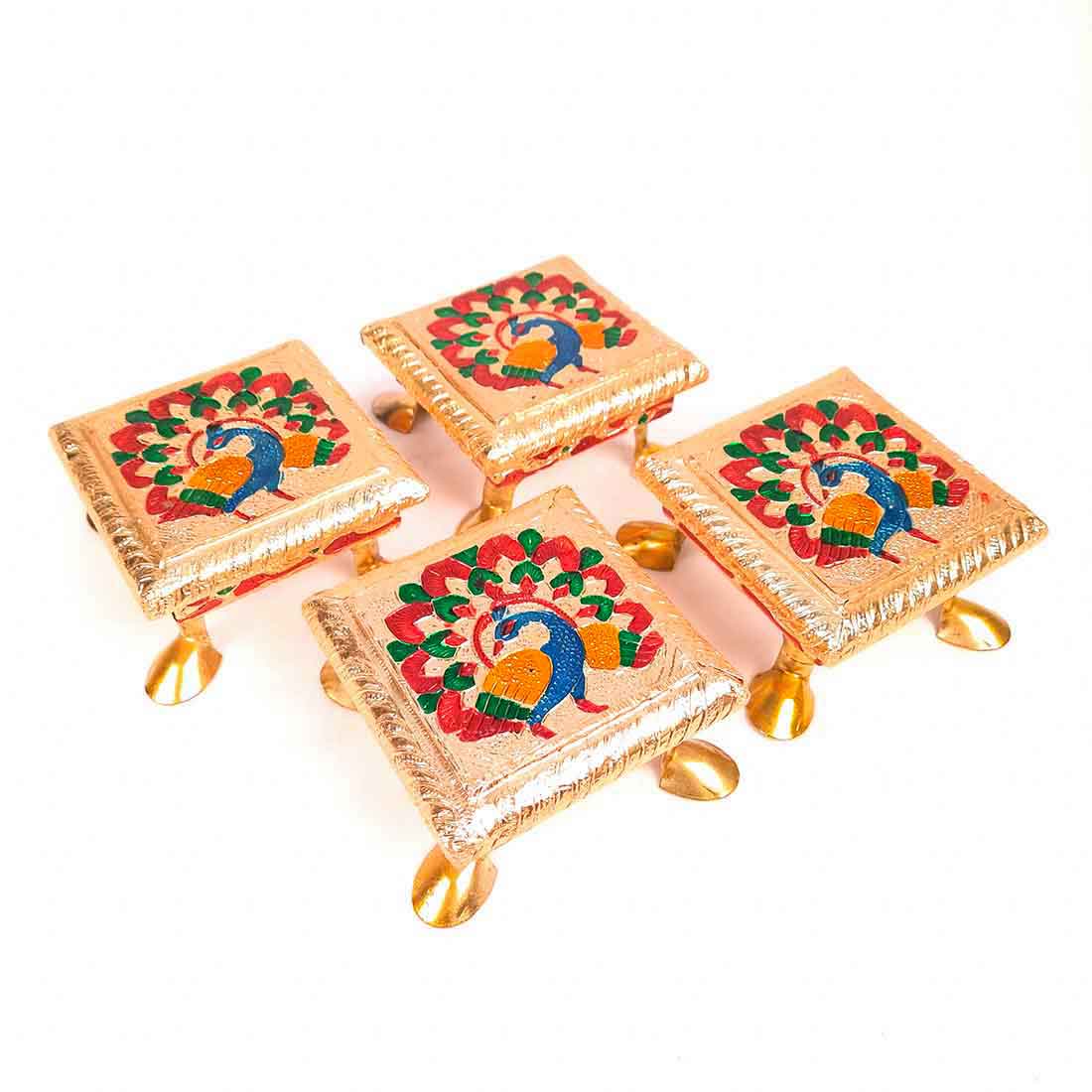 Pooja Chowki - Peacock Design - For Pooja & Return Gifts - 4 Inch - ApkaMart #Style_Pack of 4