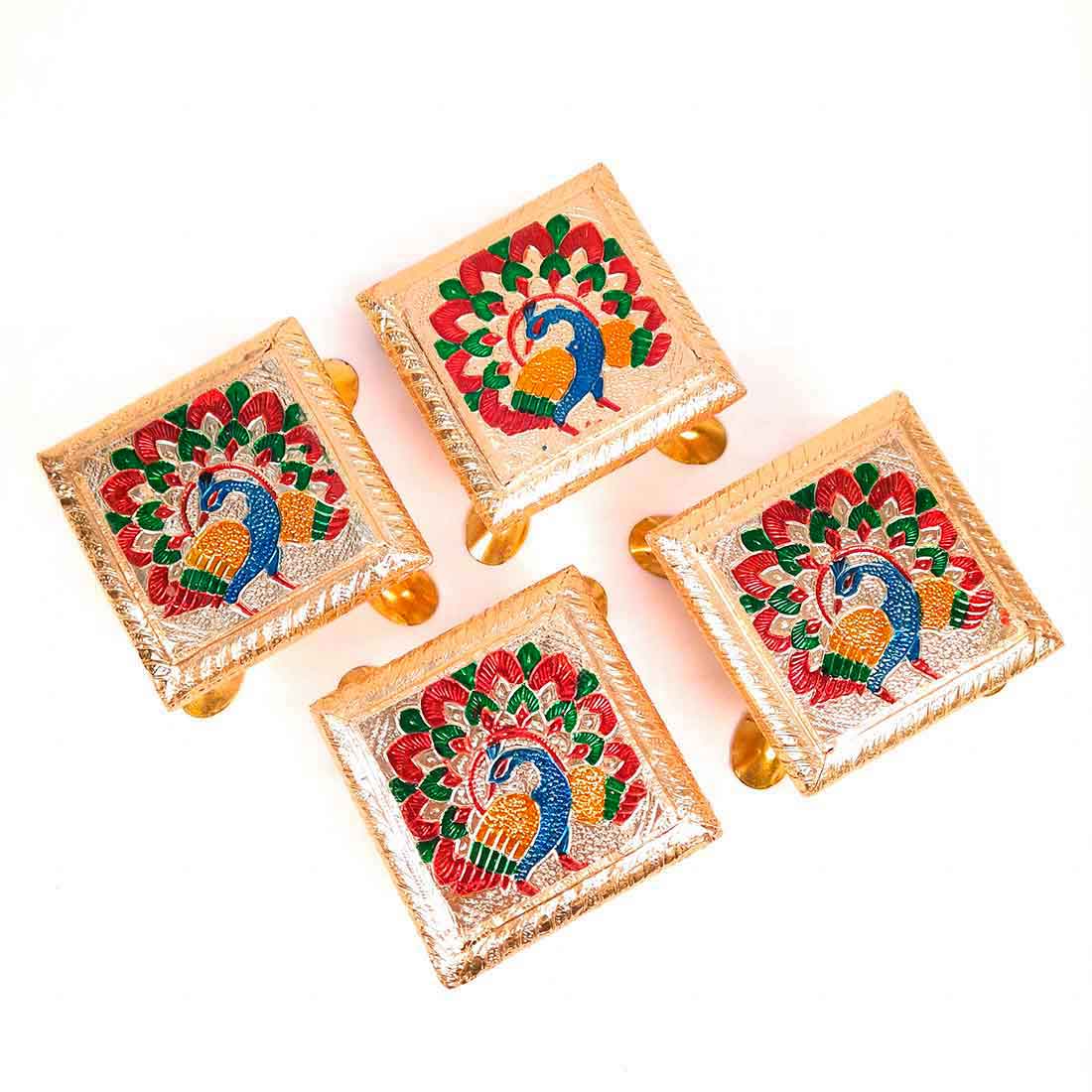Pooja Chowki - Peacock Design - For Pooja & Return Gifts - 4 Inch - ApkaMart #Style_Pack of 4