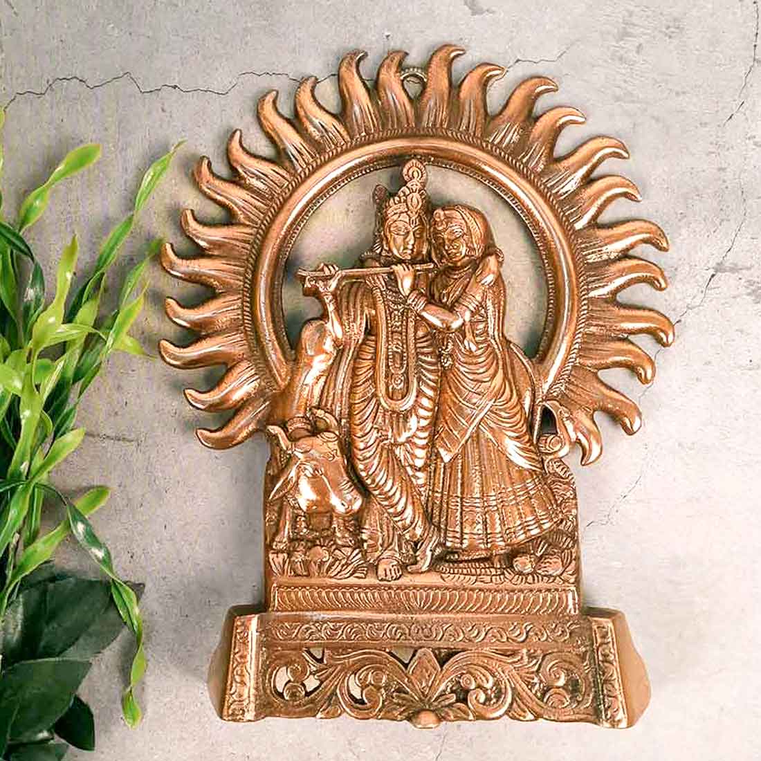 Radha Krishna Wall Hanging Idol | Shri Radha Krishna Playing Flute With Cow Wall Hanging Art Statue Murti | Religious & Spiritual Sculpture - for Gift, Home, Living Room, Office, Puja Room Decoration  - 11 Inch