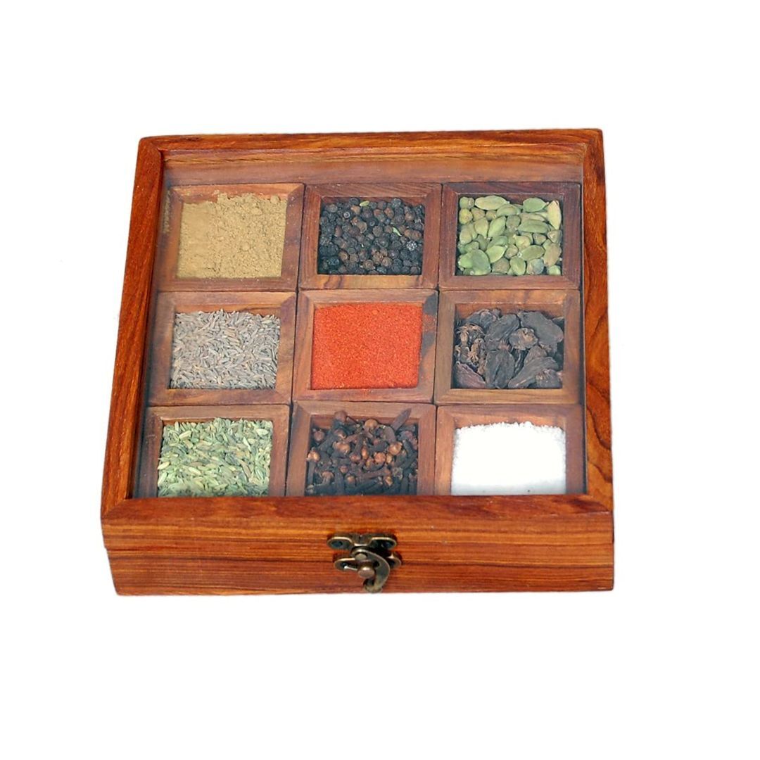 Sheesham Wood Spice Box - Masala Box with Glass Lid - for Kitchen & Table Top - 8 Inch - ApkaMart