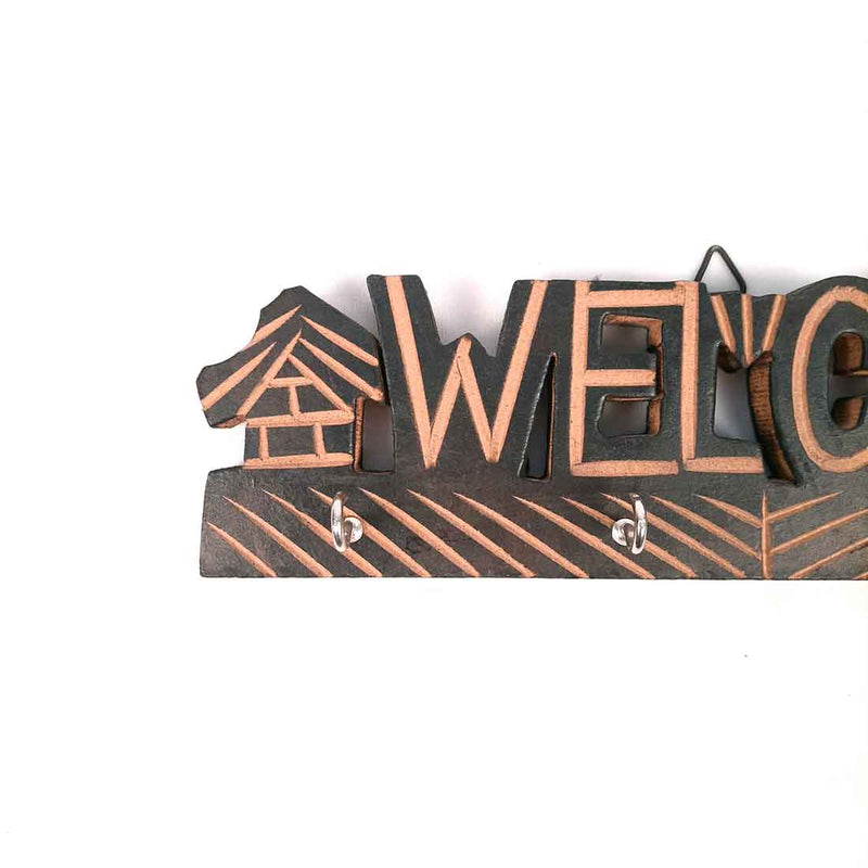 Wooden Key Holder | Wall Mount Key Hook - Welcome Design - 10 Inches