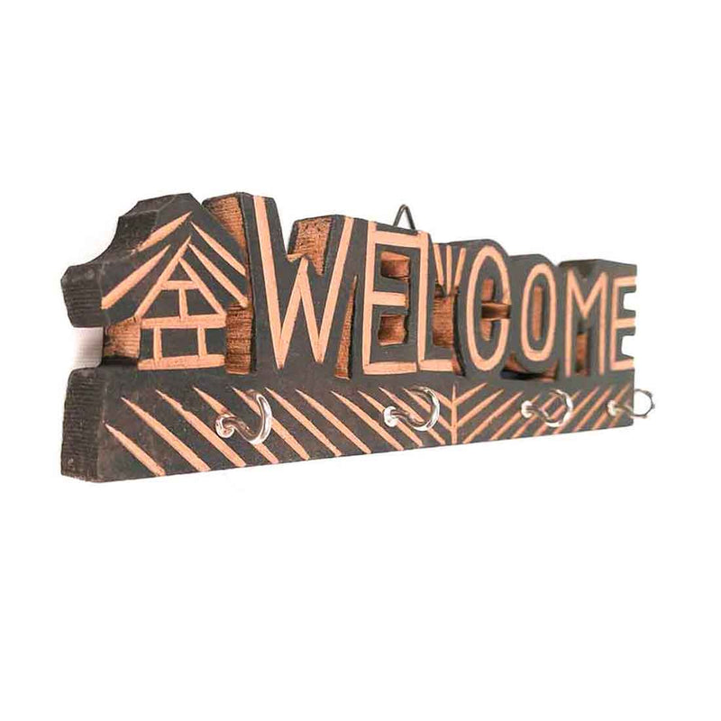 Wooden Key Holder | Wall Mount Key Hook - Welcome Design - 10 Inches