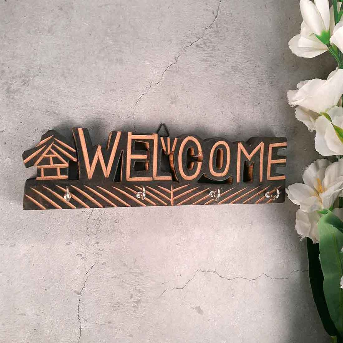 Key Holder Wall Hanging | Key Hook Stand - Welcome Design | Wooden Keys Organizer - For Home, Entrance, Office Decor & Gifts - 10 Inch (4 Hooks)