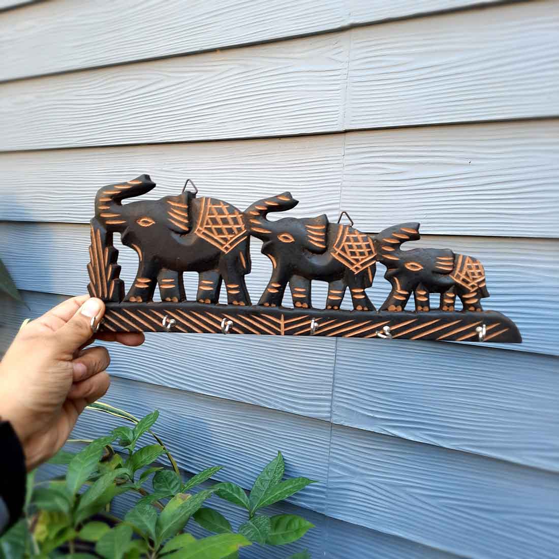Key Holder Wall Hanging | Key Hook Stand - Elephant Design | Wooden Keys Organizer - For Home, Entrance, Office Decor & Gifts -14 Inch  (6 Hooks)