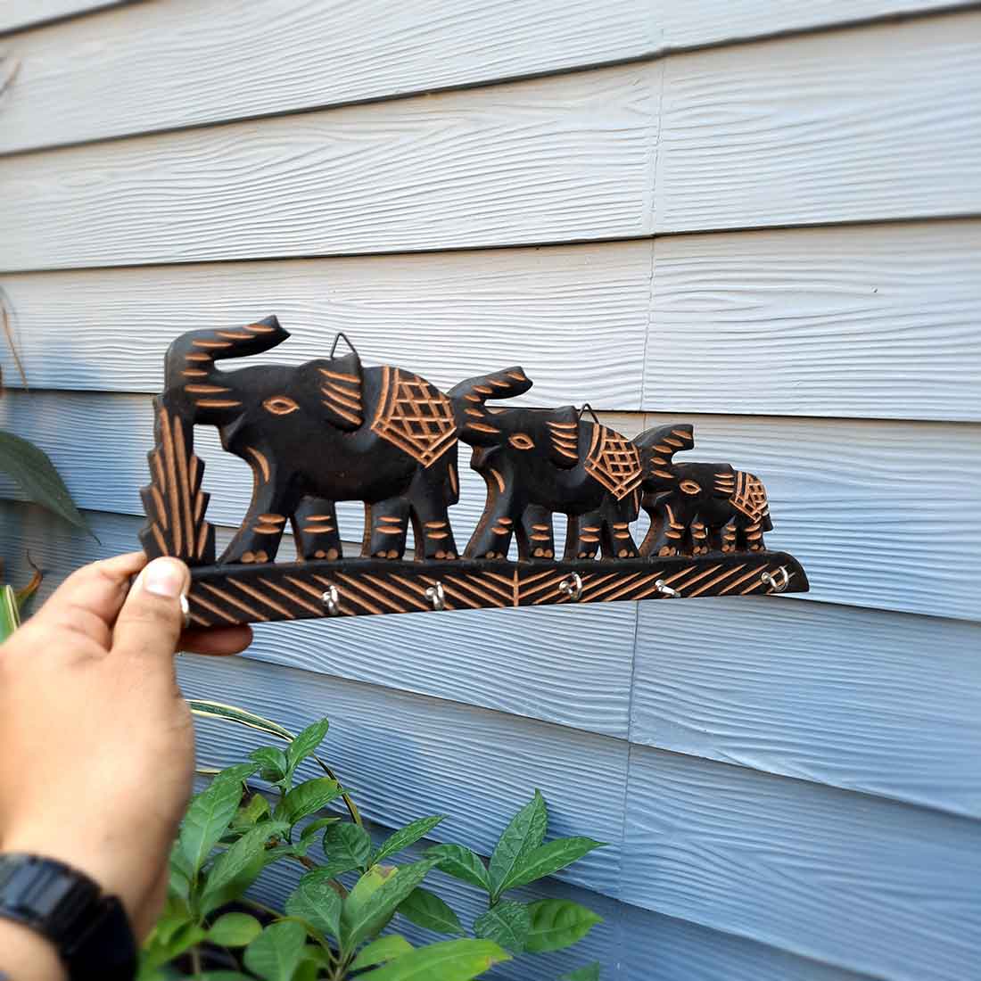 Key Holder Wall Hanging | Key Hook Stand - Elephant Design | Wooden Keys Organizer - For Home, Entrance, Office Decor & Gifts -14 Inch  (6 Hooks)